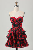 Negro Rojo Floral Una línea Novia Corsé Escalonado Vestido Corto de Regreso a Casa