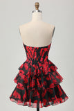 Negro Rojo Floral Una línea Novia Corsé Escalonado Vestido Corto de Regreso a Casa