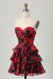 Negro Rojo Floral Una línea Novia Corsé Escalonado Vestido Corto de Regreso a Casa