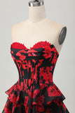Negro Rojo Floral Una línea Novia Corsé Escalonado Vestido Corto de Regreso a Casa