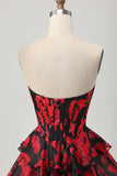 Negro Rojo Floral Una línea Novia Corsé Escalonado Vestido Corto de Regreso a Casa
