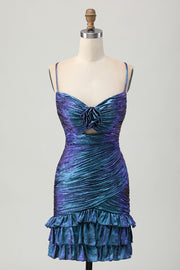 Vestido de regreso a casa con volantes recortado azul metalizado y morado