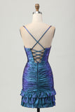 Vestido de regreso a casa con volantes recortado azul metalizado y morado