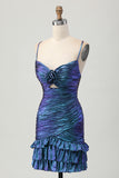 Vestido de regreso a casa con volantes recortado azul metalizado y morado