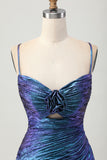 Vestido de regreso a casa con volantes recortado azul metalizado y morado