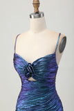 Vestido de regreso a casa con volantes recortado azul metalizado y morado