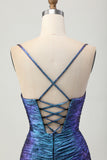Vestido de regreso a casa con volantes recortado azul metalizado y morado