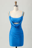 Vestido corto de regreso a casa con corte ajustado azul y abalorios