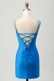 Vestido corto de regreso a casa con corte ajustado azul y abalorios
