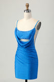 Vestido corto de regreso a casa con corte ajustado azul y abalorios