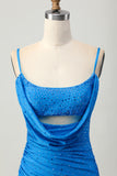 Vestido corto de regreso a casa con corte ajustado azul y abalorios