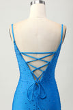 Vestido corto de regreso a casa con corte ajustado azul y abalorios