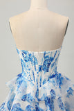 Blanco Azul Flor Una línea Corsé Sin Tirantes Vestido Corto de Regreso a Casa con Lentejas