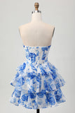 Blanco Azul Floral Una línea Corsé Novia Escalonado Vestido Corto De Regreso A