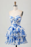 Blanco Azul Floral Una línea Corsé Novia Escalonado Vestido Corto De Regreso A