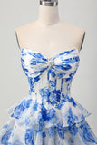Blanco Azul Floral Una línea Corsé Novia Escalonado Vestido Corto De Regreso A