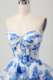 Blanco Azul Floral Una línea Corsé Novia Escalonado Vestido Corto De Regreso A