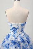 Blanco Azul Floral Una línea Corsé Novia Escalonado Vestido Corto De Regreso A