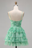 Vestido corto de regreso a casa con ojo de cerradura escalonado verde de una línea