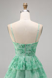 Vestido corto de regreso a casa con ojo de cerradura escalonado verde de una línea