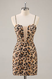 Kahki Leopard Corsé Bodycon Vestido corto de regreso a casa con lentejuelas