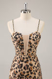 Kahki Leopard Corsé Bodycon Vestido corto de regreso a casa con lentejuelas