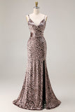Vestido largo de graduación con tirantes finos de leopardo dorado sirena
