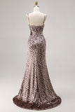 Vestido largo de graduación con tirantes finos de leopardo dorado sirena