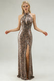 Vestido largo de fiesta con estampado de sirena de leopardo dorado brillante con abertura