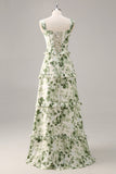 Vestido largo de dama de honor largo con corsé floral verde con volantes