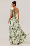 Vestido largo de dama de honor largo con corsé floral verde con volantes