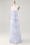Vestido de invitada de boda estampado con tirantes finos de flores azules con volantes