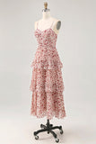 Vestido de invitada de boda estampado con tirantes finos en línea A de flores de rubor