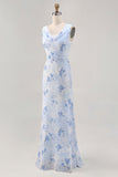 Vestido largo de invitada de boda con cuello de campana de flor azul