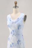 Vestido largo de invitada de boda con cuello de campana de flor azul