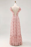 Vestido de invitada a la boda con estampado de flores en color rubor y abertura