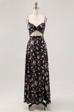 Vestido de invitada de boda largo recortado de flores negras