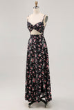 Vestido de invitada de boda largo recortado de flores negras