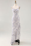 Vestido de invitada de boda asimétrico azul con volantes florales