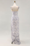 Vestido de invitada de boda asimétrico azul con volantes florales