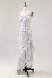 Vestido de invitada de boda asimétrico azul con volantes florales