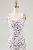 Vestido de invitada de boda asimétrico azul con volantes florales