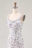 Vestido de invitada de boda asimétrico azul con volantes florales