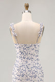 Vestido de invitada de boda asimétrico azul con volantes florales