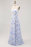 Vestido de dama de honor largo plisado plisado sin tirantes floral azul