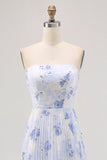 Vestido de dama de honor largo plisado plisado sin tirantes floral azul