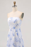Vestido de dama de honor largo plisado plisado sin tirantes floral azul