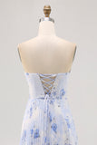 Vestido de dama de honor largo plisado plisado sin tirantes floral azul