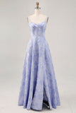 Vestido de fiesta largo con corsé brocado azul con abertura