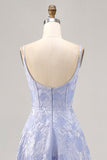 Vestido de fiesta largo con corsé brocado azul con abertura